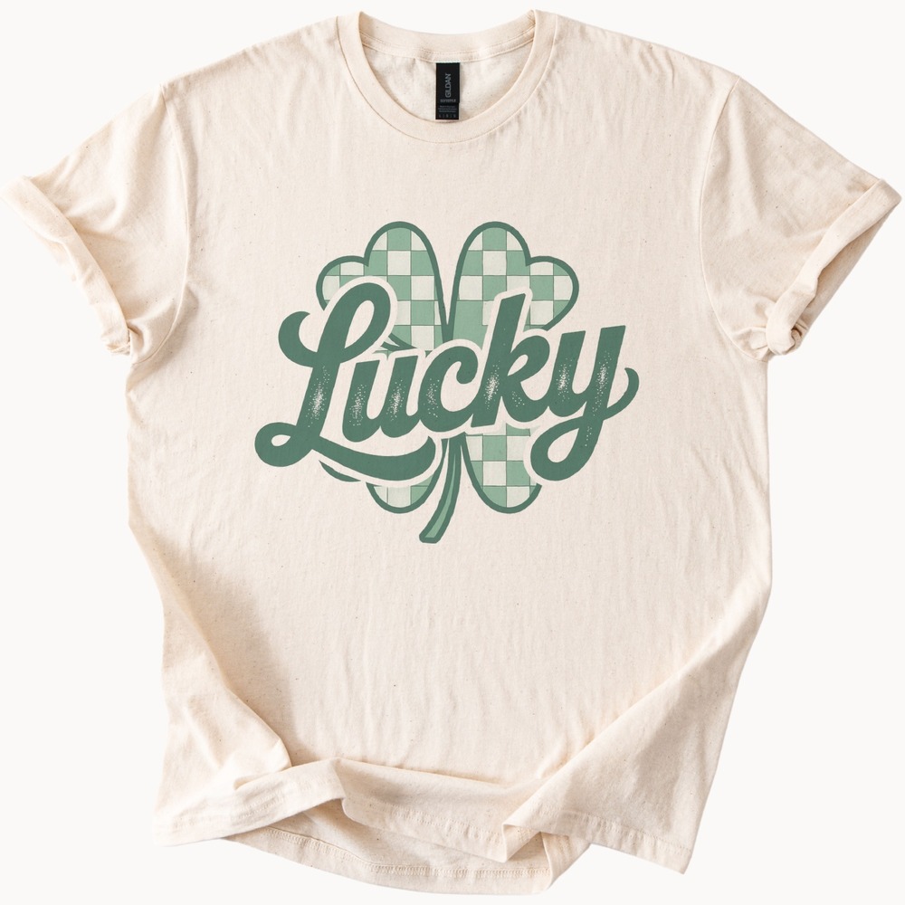 Lucky Clover Retro Graphic Tee with Checkered Leaf Design - Picture 3 of 6